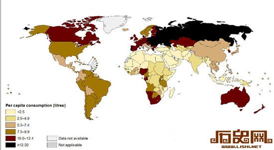 世界人均酒精消费量分布图(2010年)