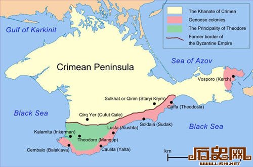 图一：15世纪中期的克里米亚，北部是初创时期的克里米亚汗国，南部是意大利热那亚人的殖民地和西多罗公国（The Principality of Theodore,希腊人为主建立，信东正教）。红线为拜占庭帝国原来的疆界。