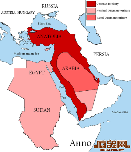 图一：1914年的奥斯曼帝国。鲜红色为奥斯曼帝国实际控制区域，粉红色为奥斯曼帝国名义上拥有主权的地区(英国控制下的埃及和塞浦路斯，名义上由英国和埃及共管的苏丹)，阿拉伯半岛内部的内志地区，则是奥斯曼的藩属。