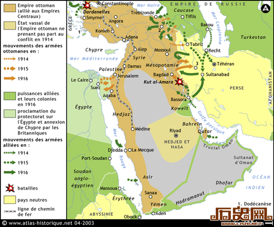 　图二：1914-1916年的中东战场。图中棕色表示奥斯曼帝国，黄色表示中立国波斯、希腊(1917年加入协约国)、阿比西尼亚(后改名埃塞尔比亚)，深绿色表示协约国俄国及其殖民地(英埃苏丹、英属科威特、英属亚丁(今天的也门南部)、意大利属厄立特里亚。浅绿色表示英国控制下的埃及。棕色箭头为奥斯曼军行动方向，绿色为协约国军队行动方向。