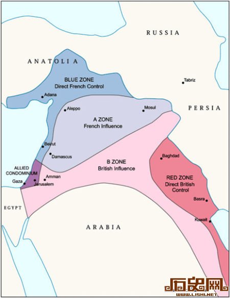 图三：赛克斯-皮科协定划定的疆界。图中紫色区域包括加沙地带和耶路撒冷，由协约国共管。红色区域从巴格达、巴士拉、科威特延伸到波斯湾南岸，由英国直接控制。蓝色区域从贝鲁特向北到土耳其本土安纳托利亚的东南部，由法国直接控制。在蓝色和红色两个区域之间，建立了两个缓冲区，淡青色的“A区”是法国的势力范围，包括大马士革、阿勒颇和摩苏尔。粉色的“B区”是英国势力范围，包括安曼。