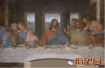 达芬奇1495-1498年所作《最后的晚餐》，米兰的恩宠圣母的多明我会院食堂墙壁上。