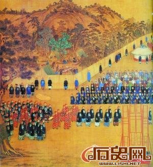 清 郎世宁《万树园赐宴图》(局部)，反映了清乾隆时期盛大的皇家活动。