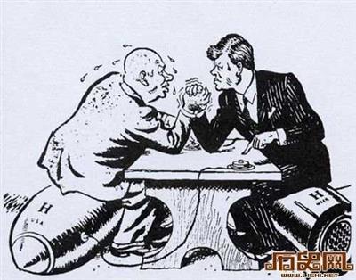 冷战时期的著名漫画，赫鲁晓夫与肯尼迪扳手腕